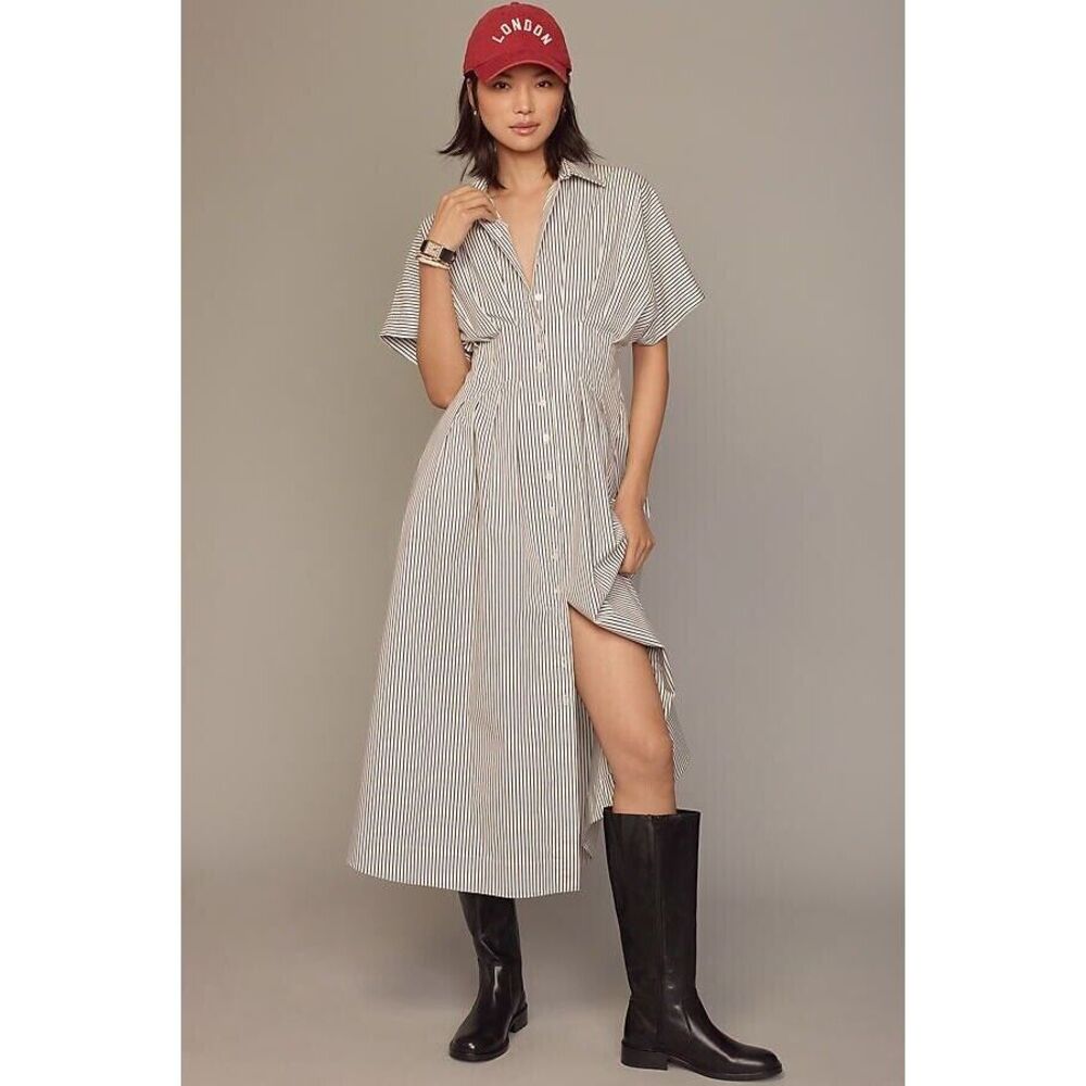 Anthropologie The Tobie Button-Front Pleated Shirt Dress by Exquise